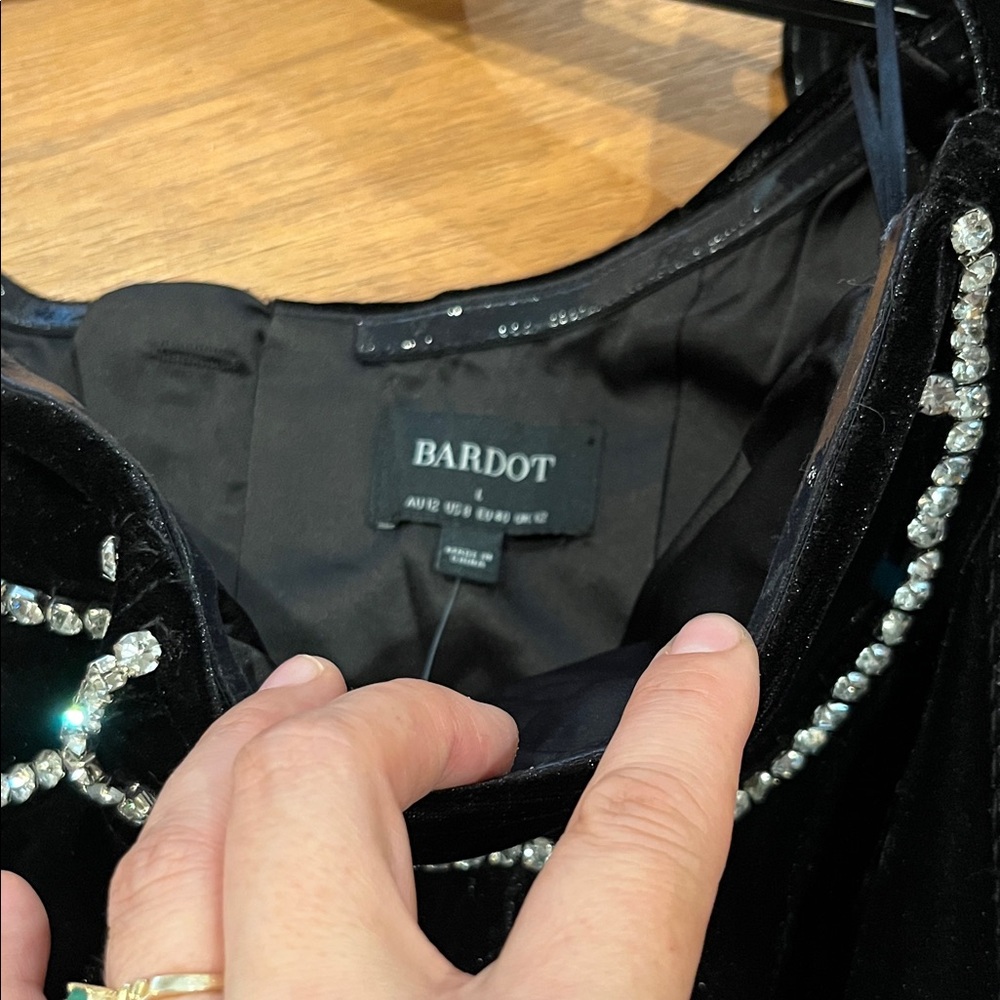 Bardot Black Velvet  Dress with crystal Details - Picture 2 of 11